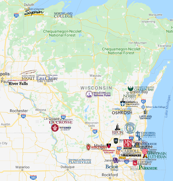 Colleges in Wisconsin Map | Colleges in Wisconsin - MyCollegeSelection