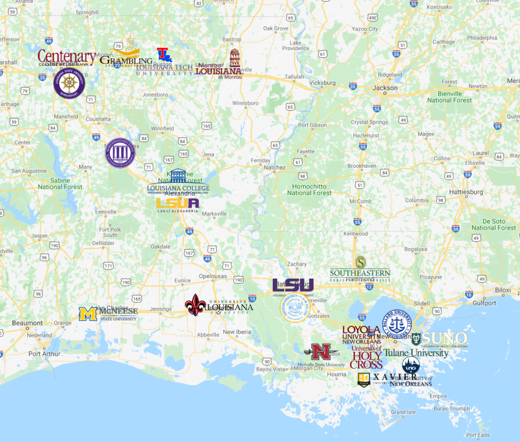 Colleges in Louisiana Map  Colleges in Louisiana - MyCollegeSelection